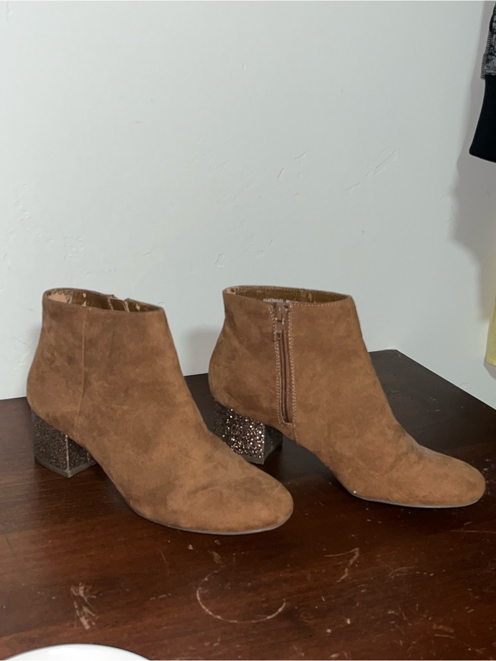 Women's Brown Suede Ankle Boots with Glitter Block Heel